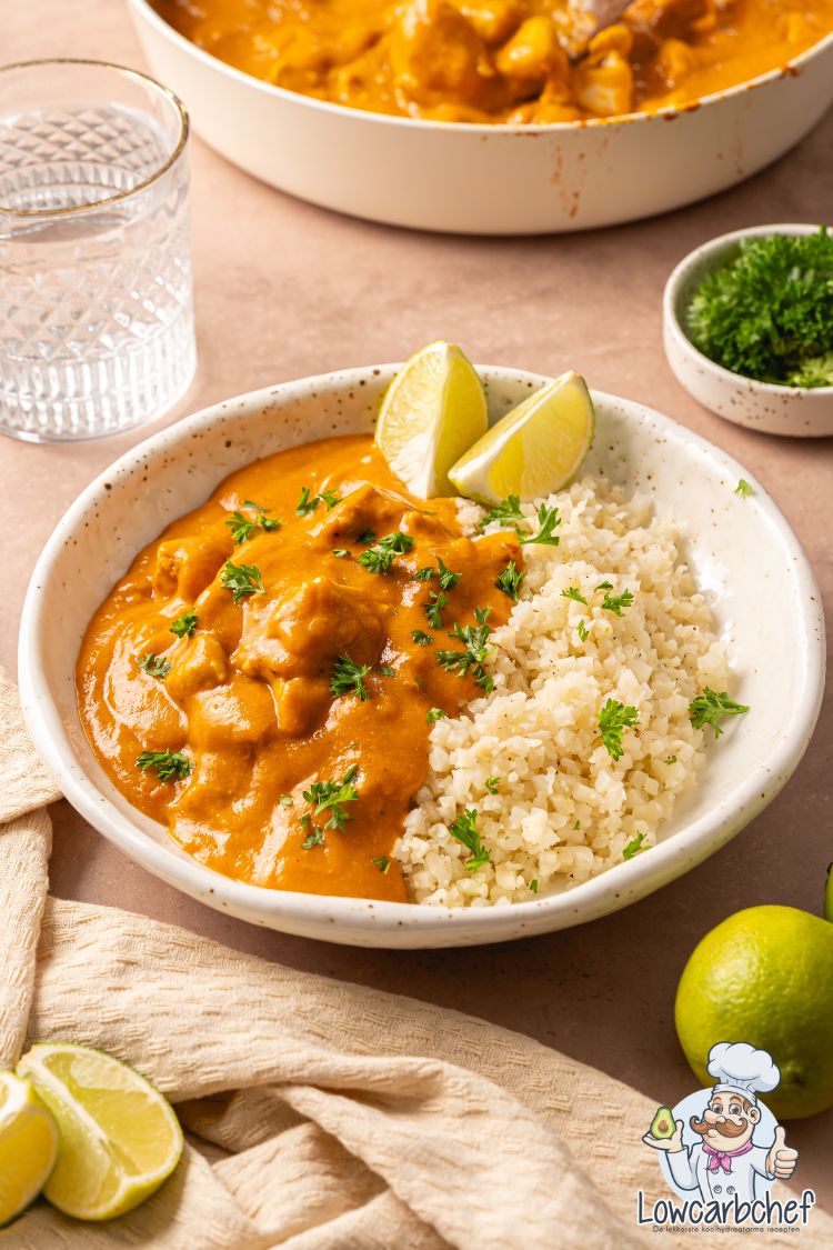 Butter chicken met bloemkoolrijst.