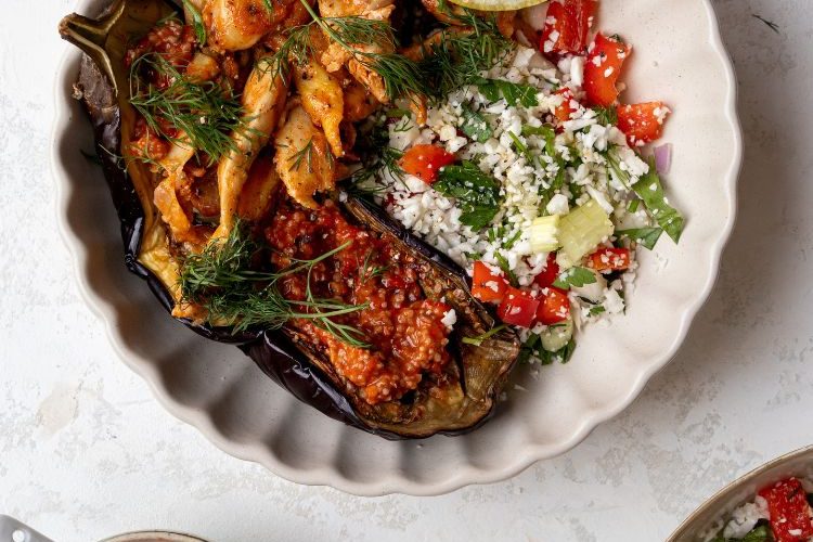 Kipshoarma met geroosterde aubergine
