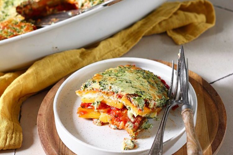 Pompoenlasagne met ricotta en spinazie