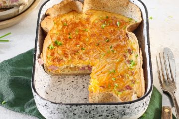 Ham-kaas quiche met tortillabodem.