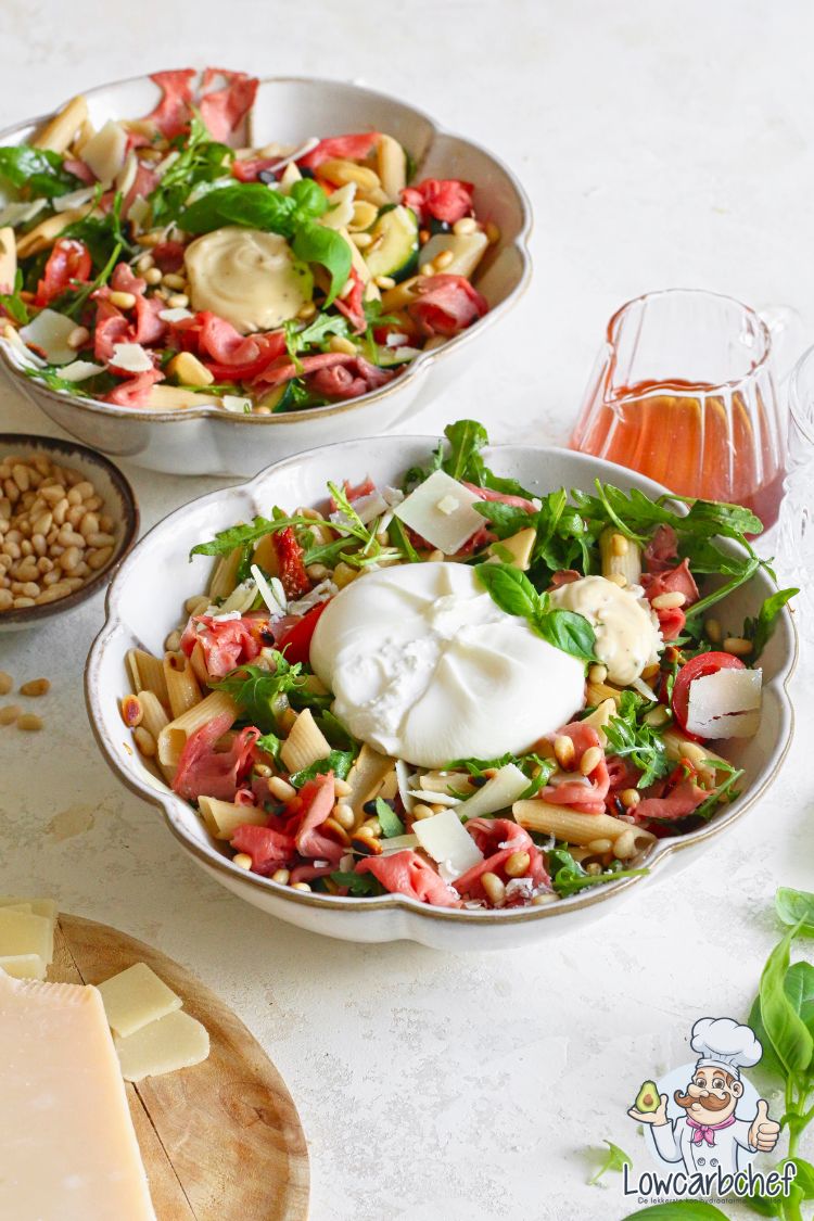 Rosbief pastsasalade met burrata, pijnboompitten en Parmezaanse kaas