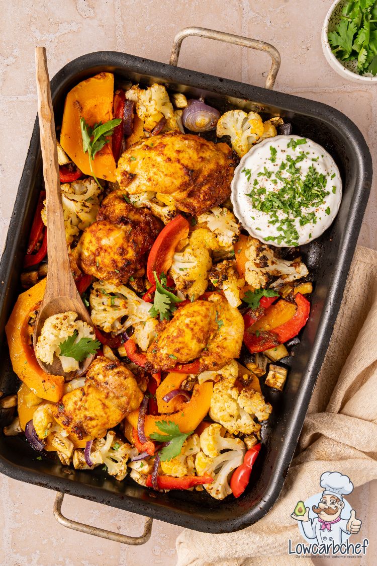 Marokkaanse traybake met kip, pompoen en bloemkool.