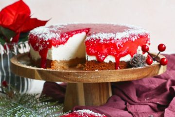 Koolhydraatarme cranberry monchoutaart met witte chocolade.