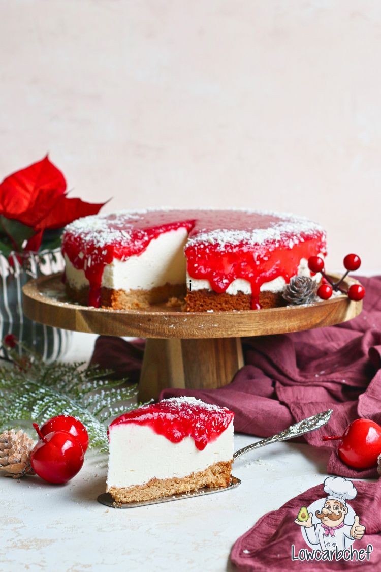 Koolhydraatarme cranberry monchoutaart met witte chocolade.