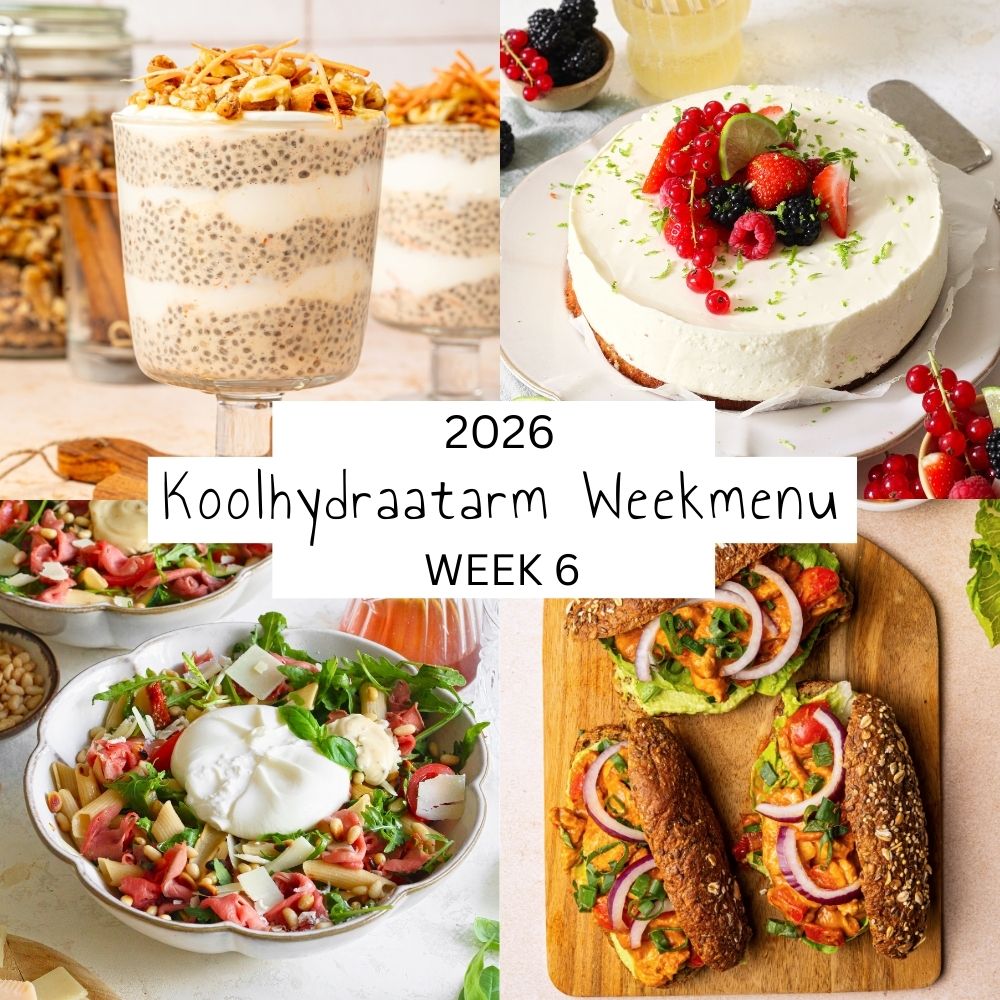 Koolhydraatarm weekmenu week 6 met 4 voorbeeld maaltijden.
