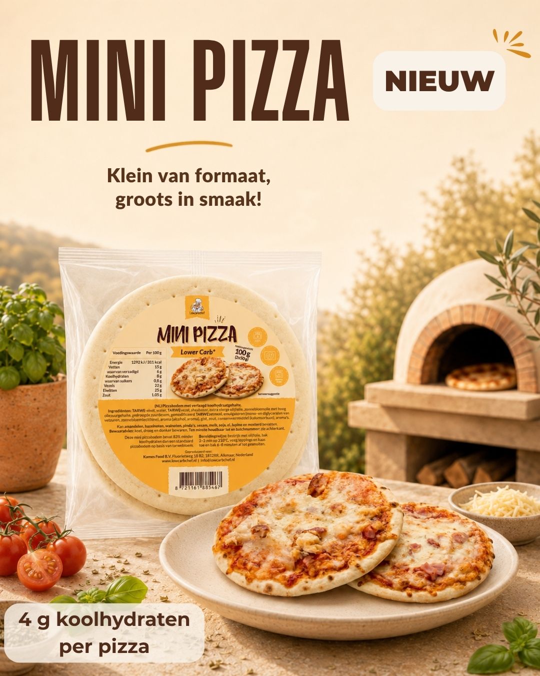 Lowcarbchef mini pizza met toppings.